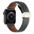 For Apple Watch SE 2023 44mm Rhombus Pattern Magnetic Folding Buckle Leather Watch Band(Dark Green)