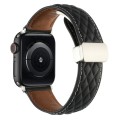 For Apple Watch SE 2023 40mm Rhombus Pattern Magnetic Folding Buckle Leather Watch Band(Black)