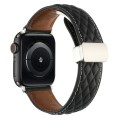 For Apple Watch Series 8 41mm Rhombus Pattern Magnetic Folding Buckle Leather Watch Band(Black)