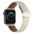 For Apple Watch SE 2022 40mm Rhombus Pattern Magnetic Folding Buckle Leather Watch Band(Creamy White