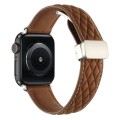 For Apple Watch Series 7 45mm Rhombus Pattern Magnetic Folding Buckle Leather Watch Band(Dark Brown)