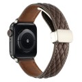 For Apple Watch Series 6 44mm Rhombus Pattern Magnetic Folding Buckle Leather Watch Band(Dark Coffee