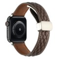 For Apple Watch Series 3 38mm Rhombus Pattern Magnetic Folding Buckle Leather Watch Band(Dark Coffee