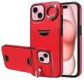 For iPhone 15 Calf Texture Card Slot Ring Holder Phone Case(Red)