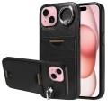 For iPhone 15 Calf Texture Card Slot Ring Holder Phone Case(Black)