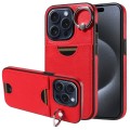 For iPhone 15 Pro Calf Texture Card Slot Ring Holder Phone Case(Red)