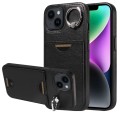 For iPhone 14 Calf Texture Card Slot Ring Holder Phone Case(Black)