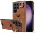 For Samsung Galaxy S24 Ultra 5G Calf Texture Card Slot Ring Holder Phone Case(Brown)