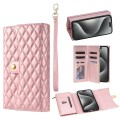For iPhone 15 Pro Max Zipper Multi-Card Wallet Rhombic Leather Phone Case(Rose Gold)