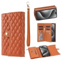 For iPhone 15 Pro Max Zipper Multi-Card Wallet Rhombic Leather Phone Case(Brown)