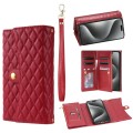 For iPhone 14 Pro Max Zipper Multi-Card Wallet Rhombic Leather Phone Case(Red)