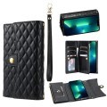 For iPhone 13 Pro Max Zipper Multi-Card Wallet Rhombic Leather Phone Case(Black)