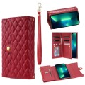 For iPhone 13 Pro Max Zipper Multi-Card Wallet Rhombic Leather Phone Case(Red)