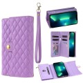 For iPhone 13 Pro Zipper Multi-Card Wallet Rhombic Leather Phone Case(Purple)