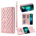 For iPhone 13 Pro Zipper Multi-Card Wallet Rhombic Leather Phone Case(Rose Gold)