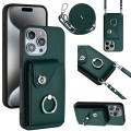 For iPhone 15 Pro Organ Card Bag Ring Holder Phone Case with Long Lanyard(Green)