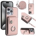 For iPhone 15 Pro Organ Card Bag Ring Holder Phone Case with Long Lanyard(Pink)