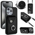 For iPhone 15 Pro Organ Card Bag Ring Holder Phone Case with Long Lanyard(Black)