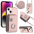 For iPhone 15 Plus Organ Card Bag Ring Holder Phone Case with Long Lanyard(Pink)