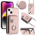 For iPhone 13 mini Organ Card Bag Ring Holder Phone Case with Long Lanyard(Pink)