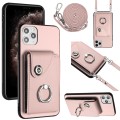 For iPhone 11 Pro Organ Card Bag Ring Holder Phone Case with Long Lanyard(Pink)