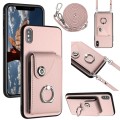 For iPhone X / XS Organ Card Bag Ring Holder Phone Case with Long Lanyard(Pink)