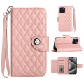 For iPhone 15 Pro Max Rhombic Texture Flip Leather Phone Case with Lanyard(Coral Pink)