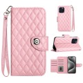 For iPhone 15 Pro Max Rhombic Texture Flip Leather Phone Case with Lanyard(Pink)
