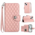 For iPhone 15 Rhombic Texture Flip Leather Phone Case with Lanyard(Coral Pink)