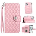 For iPhone 15 Rhombic Texture Flip Leather Phone Case with Lanyard(Pink)
