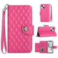 For iPhone 14 Rhombic Texture Flip Leather Phone Case with Lanyard(Rose Red)