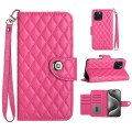 For iPhone 14 Pro Max Rhombic Texture Flip Leather Phone Case with Lanyard(Rose Red)
