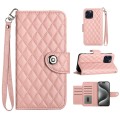 For iPhone 13 Pro Rhombic Texture Flip Leather Phone Case with Lanyard(Coral Pink)