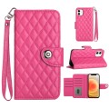 For iPhone 12 / 12 Pro Rhombic Texture Flip Leather Phone Case with Lanyard(Rose Red)