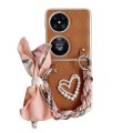 For Huawei P50 Pocket Rhombus Leather Texture Heart-shaped Scarf Bracelet Shockproof Phone Case(Brow