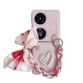 For Huawei P50 Pocket Rhombus Leather Texture Heart-shaped Scarf Bracelet Shockproof Phone Case(Pink