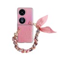 For Huawei P50 Pocket Gradient Leather Texture Scarf Bracelet Shockproof Phone Case(Pink)