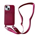 For iPhone 15 Card Slot Liquid Silicone Phone Case with Lanyard(Wine Red)