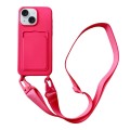 For iPhone 15 Card Slot Liquid Silicone Phone Case with Lanyard(Rose Red)