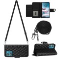 For Motorola Edge 40 Neo Rhombic Texture Flip Leather Phone Case with Long Lanyard(Black)