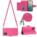 For Nokia C32 Rhombic Texture Flip Leather Phone Case with Long Lanyard(Rose Red)