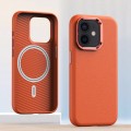 For iPhone 12 Metal Lens Frame Leather Magsafe Full Coverage Shockproof Phone Case(Orange)