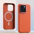 For iPhone 14 Metal Lens Frame Leather Magsafe Full Coverage Shockproof Phone Case(Orange)
