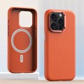 For iPhone 14 Pro Metal Lens Frame Leather Magsafe Full Coverage Shockproof Phone Case(Orange)