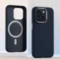 For iPhone 15 Metal Lens Frame Leather Magsafe Full Coverage Shockproof Phone Case(Blue)