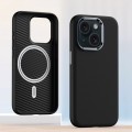For iPhone 15 Metal Lens Frame Leather Magsafe Full Coverage Shockproof Phone Case(Black)