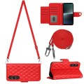 For Sony Xperia 1 V Rhombic Texture Flip Leather Phone Case with Long Lanyard(Red)