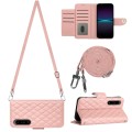 For Sony Xperia 1 IV Rhombic Texture Flip Leather Phone Case with Long Lanyard(Coral Pink)