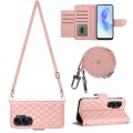 For Honor 90 Lite Rhombic Texture Flip Leather Phone Case with Long Lanyard(Coral Pink)