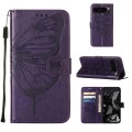 For Google Pixel 9 Pro Embossed Butterfly Leather Phone Case(Dark Purple)